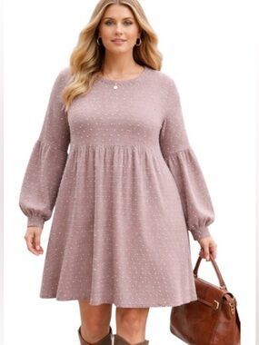 1X Very J Long Sleeve Mauve-Pink Sweater Dress with Dots